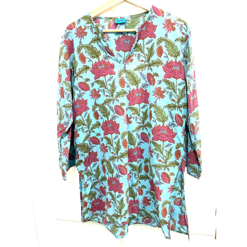 BUBBLES - blue with pink flowers long sleeve cotton dress / tunic size L